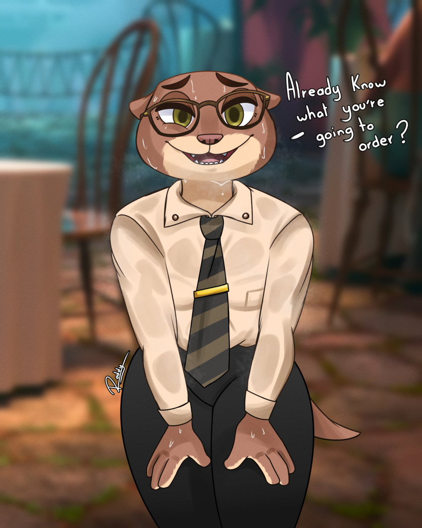 4:5 absurd_res anthro blurred_background bodily_fluids clothed clothing digital_media_(artwork) disney english_text female fur hi_res looking_at_viewer lutrine mammal mustelid rodd.y sam_(zootopia+) solo sweat teeth teeth_showing text thick_thighs wet wet_clothing wide_hips zootopia zootopia+