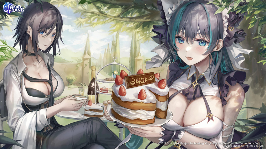 2girls absurdres aibek animal_ears ark_royal_(azur_lane) ark_royal_(cafe_lookout)_(azur_lane) arm_garter azur_lane black_bra black_choker black_hair black_pants blue_eyes blue_hair blush bow bra breasts cake center_opening chair cheshire_(azur_lane) choker cleavage collarbone collared_shirt commentary cookie copyright_name crescent crescent_pin crossed_legs cup day dress english_commentary fake_animal_ears feet_out_of_frame food fruit glint hair_between_eyes hair_bow hair_intakes highres holding holding_cake holding_cup holding_food large_breasts lemon lemon_slice logo long_hair looking_at_viewer macaron medium_breasts medium_hair milestone_celebration multicolored_hair multiple_girls official_alternate_costume official_art open_mouth outdoors pants parted_lips second-party_source shirt sitting sleeveless sleeveless_dress smile strawberry streaked_hair table teacup tiered_tray tree two-tone_hair underwear upper_body watermark whipped_cream white_shirt wing_collar wrist_cuffs