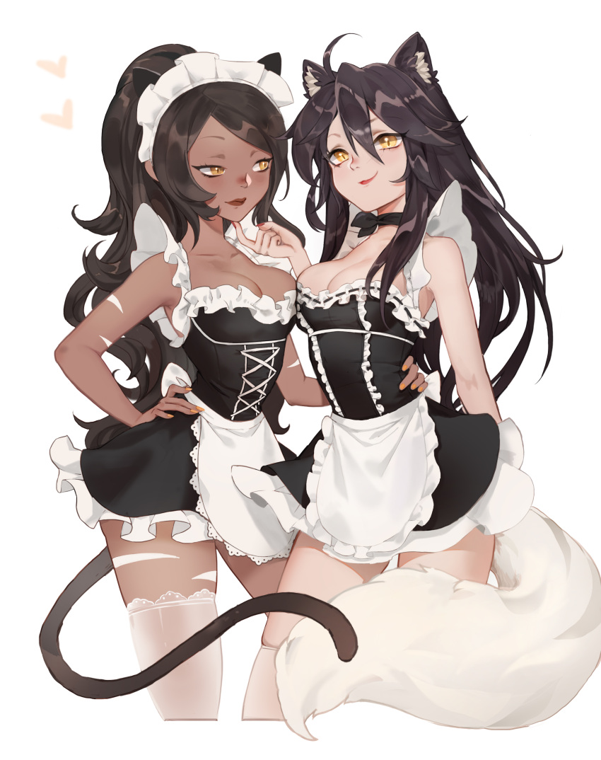 2girls absurdres ahri_(league_of_legends) alternate_costume animal_ears apron bangs black_choker black_dress black_hair breasts brown_hair cat_ears cat_tail choker cleavage collarbone cropped_legs dark-skinned_female dark_skin dress enmaided fox_ears fox_girl french_maid_nidalee frilled_dress frills grey_thighhighs hair_between_eyes hand_on_another's_hip hand_on_hip heart highres large_breasts league_of_legends lipstick long_hair maid maid_headdress makeup multiple_girls nail_polish nidalee official_alternate_costume orange_eyes ponytail red_lips shiny shiny_hair short_dress smile tail thighhighs waist_apron xiuluoyi00 zettai_ryouiki