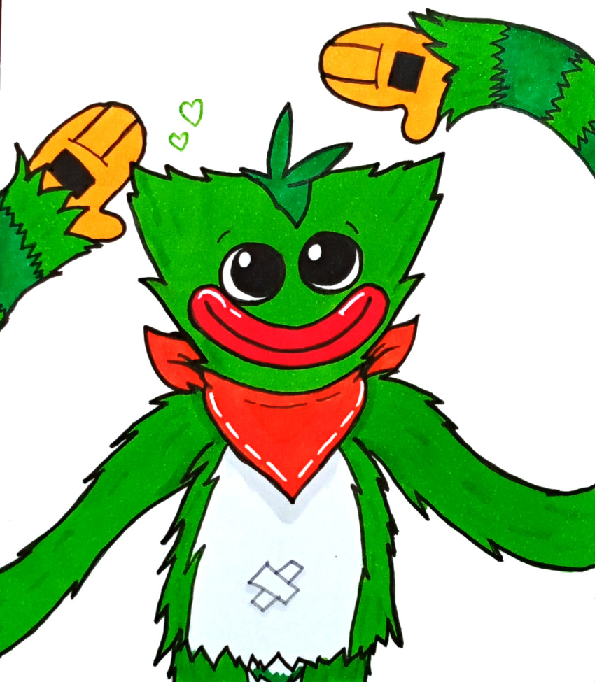 2022 animate_inanimate bandanna belly fan_character fur glury_the_unown gnarly_charly_(character) green_body green_fur hair hi_res humanoid kerchief living_plushie long_arms looking_at_viewer male mohawk monster neckwear neckwear_only plushie poppy_playtime simple_background slim smile solo spiky_hair toy traditional_media_(artwork) white_background white_belly