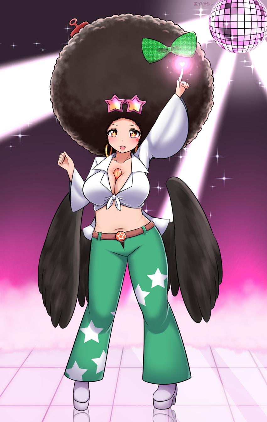 +_+ 1girl absurdres afro alternate_hairstyle belt bird_wings black_wings blush bow breasts brown_belt brown_hair cape cleavage collared_shirt comb commentary_request crop_top disco_ball eyewear_on_head full_body green_bow green_pants hair_bow heart highres large_breasts looking_at_viewer low_wings midriff mind_control navel open_mouth pants pointing pointing_up red_eyes reiuji_utsuho shirt smile solo sparkle standing star-shaped_eyewear star_(symbol) star_print sunglasses third_eye tied_shirt touhou white_cape white_shirt wide_sleeves wings yuafro