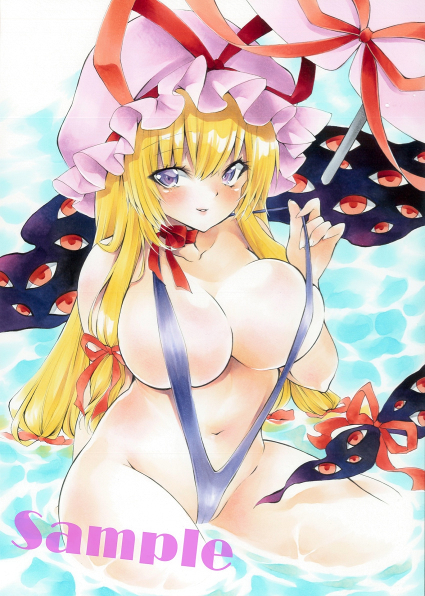 arim0k0 blonde_hair bow breasts cleavage clothes_pull full_body gap_(touhou) groin hair_bow hat hat_ribbon highres huge_breasts long_hair looking_at_viewer mob_cap multiple_bows navel one-piece_swimsuit_pull parted_lips pulled_by_self purple_eyes red_ribbon ribbon sample_watermark sitting slingshot slingshot_swimsuit smile swimsuit touhou traditional_media umbrella wading white_headwear white_umbrella yakumo_yukari