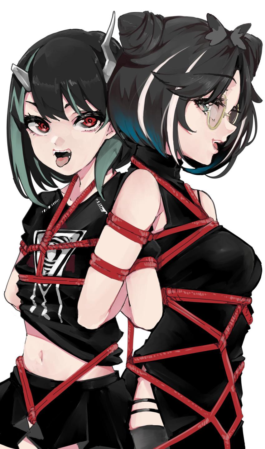 2girls 774_inc. absurdres animare black_dress black_hair black_shirt black_skirt black_thighhighs blue_hair breasts china_dress chinese_clothes commentary_request cowboy_shot demon_girl demon_horns dress eye_of_providence fang flat_chest green_hair highres horns locked_arms looking_at_viewer looking_to_the_side medium_breasts medium_hair midriff multicolored_hair multiple_girls navel open_mouth oura_rukako panyatteria pince-nez red_eyes red_rope rope round_eyewear shibari shibari_over_clothes shirt shishio_chris simple_background skirt sleeveless sleeveless_dress smile streaked_hair sugar_lyric thighhighs two-tone_hair virtual_youtuber white_background white_hair yellow-framed_eyewear