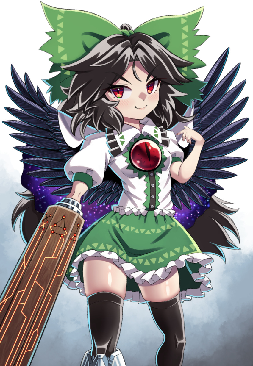 1girl absurdres arm_cannon bangs bird_wings black_hair black_thighhighs black_wings blush bow breasts buttons cape closed_mouth collared_shirt commentary_request control_rod doku_yanagi feet_out_of_frame frilled_shirt frilled_skirt frills green_bow green_skirt hair_bow highres long_hair looking_at_viewer puffy_short_sleeves puffy_sleeves red_eyes reiuji_utsuho shiny shiny_skin shirt short_sleeves skindentation skirt small_breasts smile solo starry_sky_print thighhighs third_eye touhou very_long_hair weapon white_cape white_shirt wings zettai_ryouiki