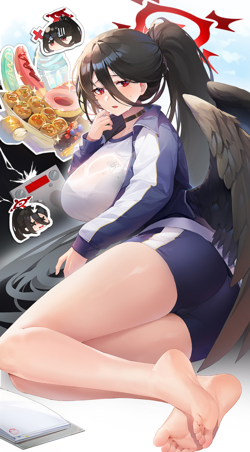 1girl ass barefoot black_choker black_hair black_wings blue_archive breasts choker commentary_request doughnut feathered_wings feet food hair_between_eyes halo hasumi_(blue_archive) hasumi_(gym_uniform)_(blue_archive) highres hot_dog jacket large_breasts long_hair looking_at_viewer manic_shd official_alternate_costume open_clothes open_jacket parted_lips ponytail red_eyes see-through shirt short_shorts shorts sitting soles solo sweatdrop thighs toes track_jacket very_long_hair white_shirt wings