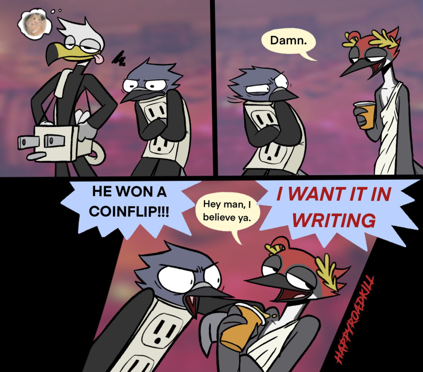 3_panel_comic anthro avian bird calvin_cardinal cardinal_(bird) clothing columbid costume dialogue dialogue_box english_text feathers gillian_gull grey_body grey_feathers group gull half-closed_eyes halloween halloween_costume happyroadkill hi_res holidays humor lari larid male male/male narrowed_eyes open_mouth open_smile oscine parker_pigeon passerine pigeon red_body red_feathers smile solo_cup text toga tongue tongue_out trash_birds trio white_body white_feathers