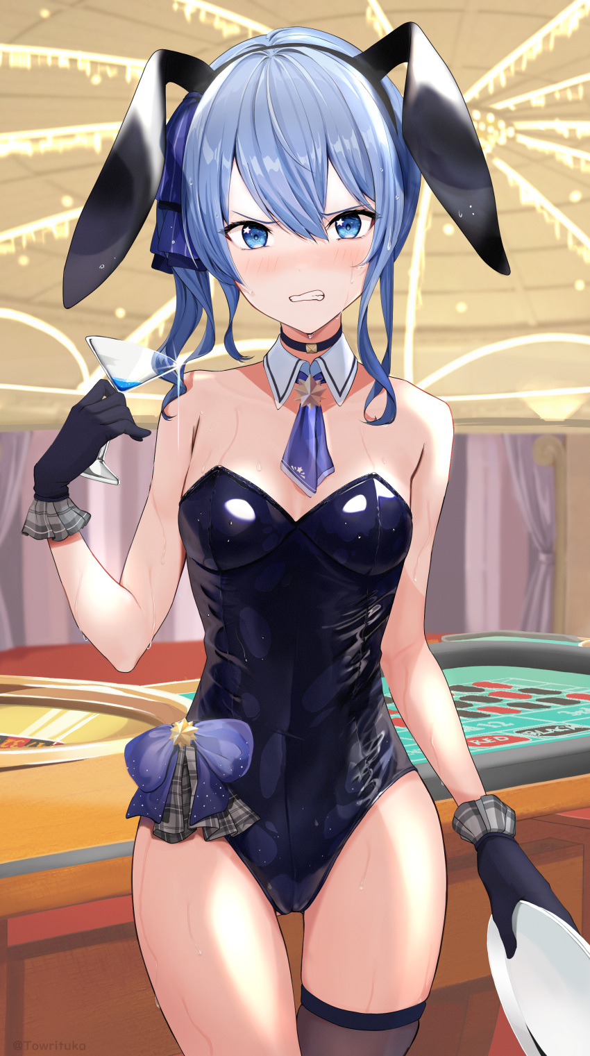 1girl absurdres animal_ears annoyed ascot bare_shoulders black_choker black_gloves black_leotard blue_eyes blue_hair blush bow bowtie breasts casino choker cleavage clenched_teeth commentary_request cowboy_shot cup detached_collar fake_animal_ears glint gloves grimace hair_ornament hairband hand_up highres holding holding_cup holding_plate hololive hoshimachi_suisei indoors leotard looking_at_viewer medium_hair neckerchief plaid plaid_bow plate playboy_bunny purple_neckerchief rabbit_ears ribbon roulette_table scowl single_thighhigh small_breasts solo standing strapless strapless_leotard sweat table teeth thigh_gap thighhighs towrituka virtual_youtuber wrist_cuffs