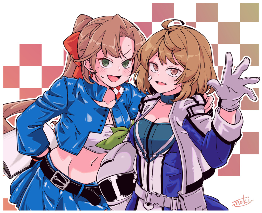 2girls ahoge akigumo_(kancolle) anchor_symbol bandaid bandaid_on_face belt blue_dress blue_jacket blue_skirt breasts brown_eyes brown_hair checkered_background commentary_request cowboy_shot dress fang fujinoki_(horonabe-ken) gloves green_eyes hair_ribbon helmet highres jacket kantai_collection long_hair looking_at_viewer medium_breasts midriff mole mole_under_eye motorcycle_helmet multicolored_clothes multicolored_dress multiple_girls oboro_(kancolle) official_alternate_costume pleated_skirt ponytail race_queen ribbon short_hair sketchbook skirt white_bandeau white_gloves