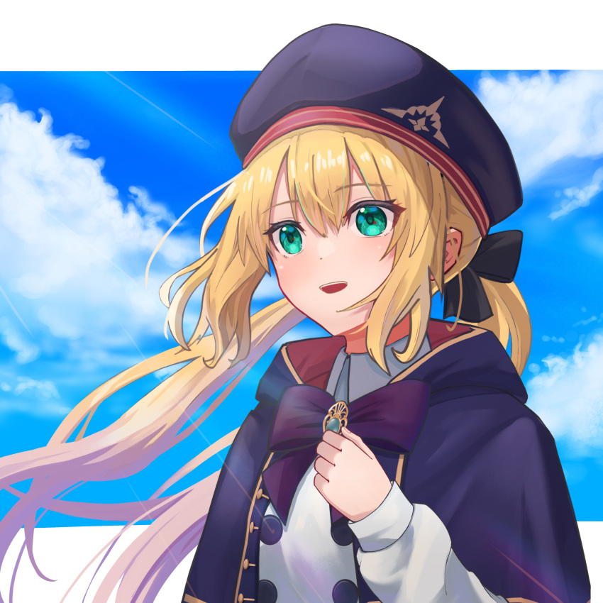 1girl absurdres artoria_caster_(fate) artoria_caster_(second_ascension)_(fate) artoria_pendragon_(fate) bangs bare_arms beret black_bow blonde_hair blue_cloak blue_sky bomberca309 bow breasts buttons cloak fate/grand_order fate_(series) gem gold_trim green_eyes green_gemstone hair_between_eyes hair_bow hat highres long_hair long_sleeves open_mouth ornament purple_bow shirt sky small_breasts smile sunlight teeth twintails white_shirt