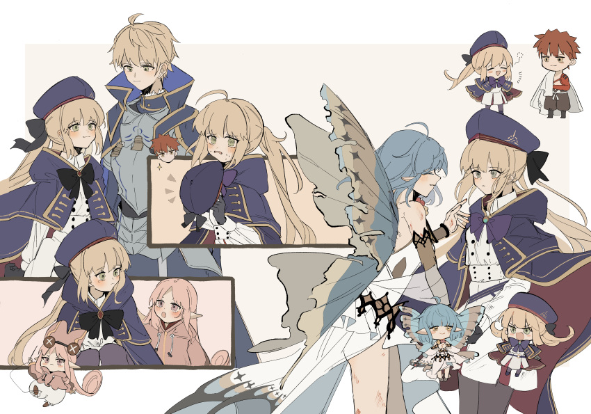 2boys 4girls absurdres ahoge armor arthur_pendragon_(fate) artoria_caster_(fate) artoria_caster_(second_ascension)_(fate) artoria_pendragon_(fate) bare_legs bare_shoulders belt beret black_bow black_footwear black_gloves black_pantyhose blonde_hair blue_belt blue_hair blue_headwear blue_jacket blush boots bow brown_pants buttons cape cloak closed_eyes closed_mouth collar dress emiya_shirou fate/grand_order fate/prototype fate_(series) gem gloves green_eyes green_gemstone habetrot_(fate) hair_bow hat highres jacket long_dress long_hair long_sleeves multicolored_wings multiple_boys multiple_girls note_nii open_mouth orange_eyes ornament pants pantyhose pink_eyes pink_headwear pink_sweater purple_bow red_gemstone senji_muramasa_(fate) shirt short_hair skirt smile sweater twintails very_long_hair white_background white_cape white_dress white_pants white_shirt white_skirt wings