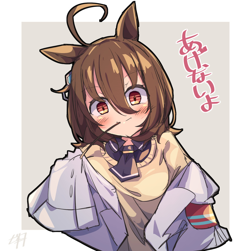 1girl absurdres agnes_tachyon_(umamusume) ahoge animal_ears bangs black_necktie brown_eyes brown_hair commentary earrings grey_background hair_between_eyes head_tilt highres horse_ears horse_girl huge_ahoge jewelry labcoat looking_at_viewer medium_hair messy_hair necktie off-shoulder_sweater off_shoulder outside_border pocky_day shiny shiny_hair short_necktie single_earring sleeves_past_fingers sleeves_past_wrists solo sweater translated umamusume upper_body woruta_(soloistlist) yellow_sweater