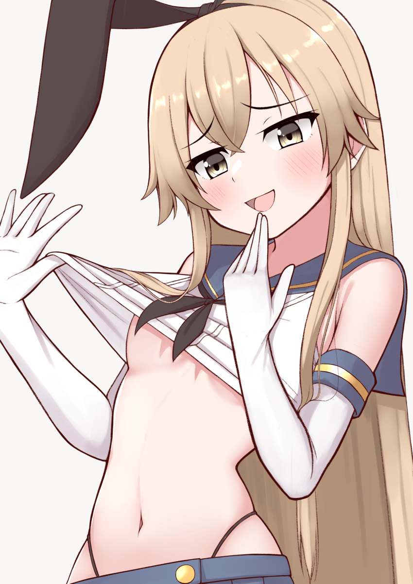1girl absurdres black_hairband black_neckerchief black_panties blonde_hair blue_sailor_collar blue_skirt breasts clothes_lift crop_top elbow_gloves gloves grey_eyes hairband highleg highleg_panties highres kantai_collection long_hair neckerchief no_bra panties sailor_collar shimakaze_(kancolle) shirt_lift skirt small_breasts solo tiemu_(man190) underwear upper_body white_gloves