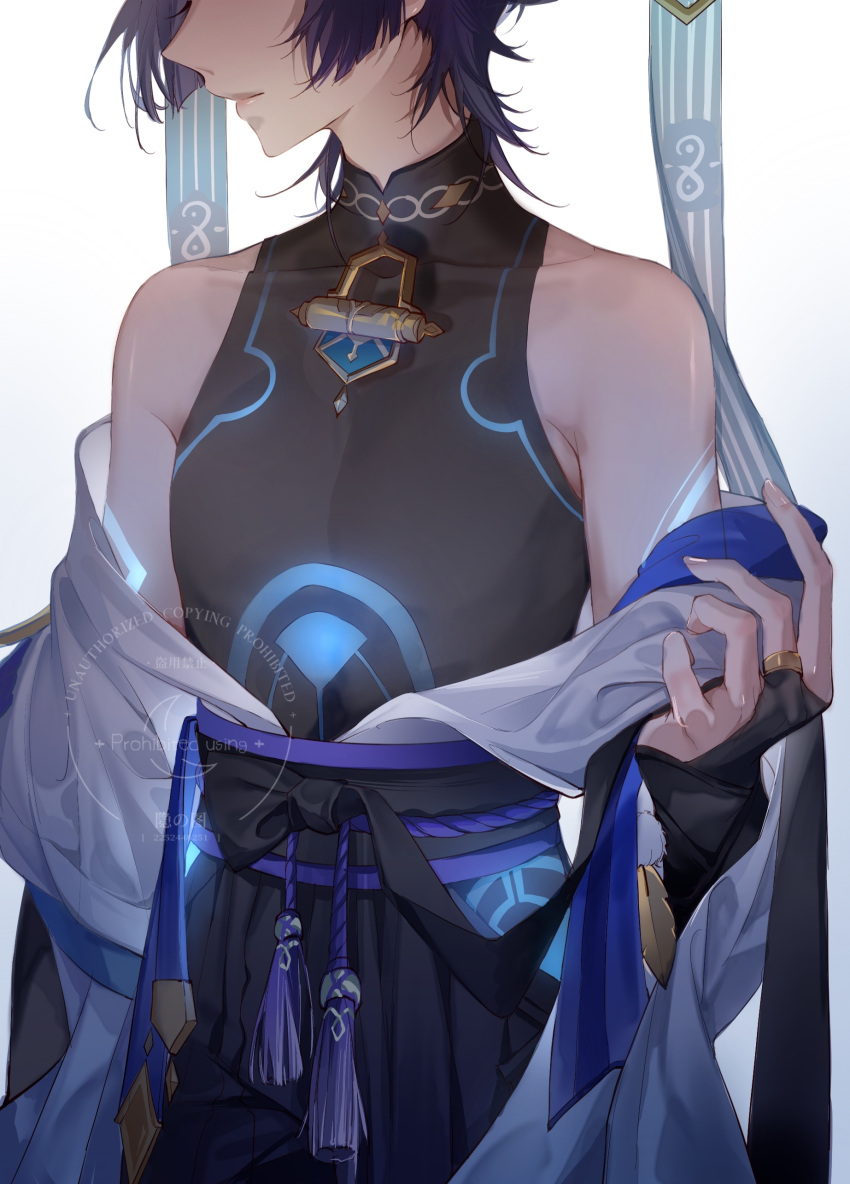 1boy absurdres arm_tattoo bare_shoulders bishounen genshin_impact highres japanese_clothes male_focus open_clothes purple_hair scaramouche_(genshin_impact) short_hair solo tattoo wanderer_(genshin_impact) yin01582942