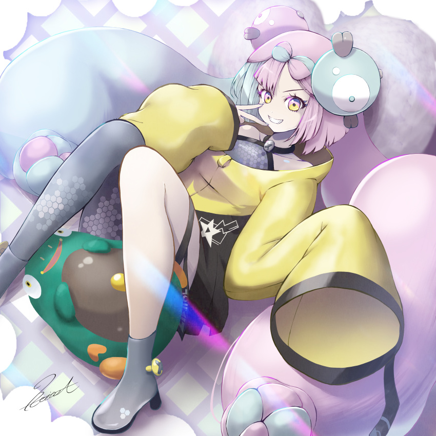 1girl absurdres bellibolt bow-shaped_hair character_hair_ornament grey_pantyhose hair_ornament hexagon_print highres iono_(pokemon) jacket long_hair low-tied_long_hair oversized_clothes pantyhose peace7322 pokemon pokemon_(game) pokemon_sv sharp_teeth single_leg_pantyhose sleeves_past_fingers sleeves_past_wrists teeth very_long_sleeves x yellow_jacket