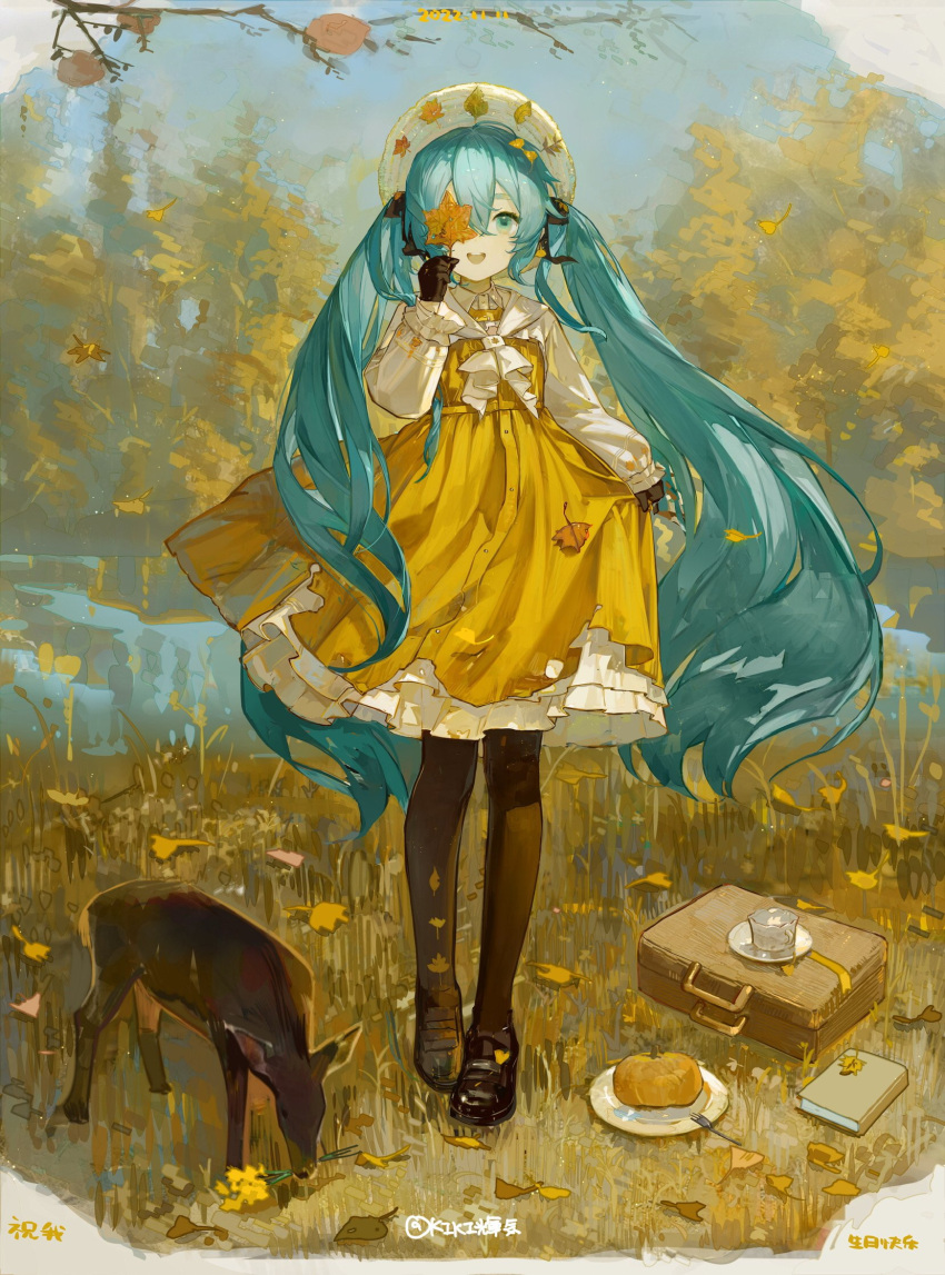 1girl aqua_hair autumn autumn_leaves bangs black_footwear blue_sky brown_pantyhose cloud deer dress frilled_dress frills full_body green_eyes hat hatsune_miku highres kikihuihui lake long_hair long_sleeves outdoors pantyhose plate pumpkin shirt shoes sky solo standing straight-on suitcase tree twintails vocaloid yellow_dress yellow_shirt