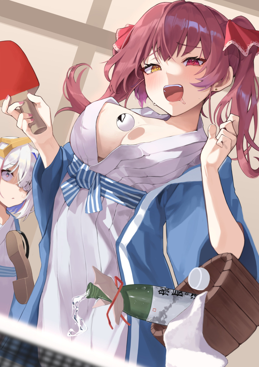 2girls absurdres amane_kanata ball bath_yukata bottle breasts cup earrings hair_ribbon halo heterochromia highres hololive houshou_marine japanese_clothes jewelry kimono large_breasts long_hair multiple_girls onsen open_clothes open_mouth paddle pomp_(qhtjd0120) red_eyes red_hair red_ribbon ribbon sake_bottle star_halo table_tennis table_tennis_ball table_tennis_paddle twintails virtual_youtuber washbowl wide_sleeves yellow_eyes yukata