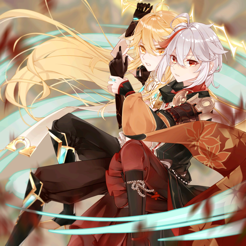 2boys absurdres aether_(genshin_impact) bangs black_gloves black_pants black_shorts blonde_hair buzheng61241 fingerless_gloves genshin_impact gloves grey_hair hair_between_eyes hakama hakama_shorts highres holding holding_sword holding_weapon hug hug_from_behind japanese_clothes kaedehara_kazuha long_hair male_focus multicolored_hair multiple_boys pants red_eyes red_hair red_scarf scarf shorts streaked_hair sword weapon white_hair white_hakama yellow_eyes