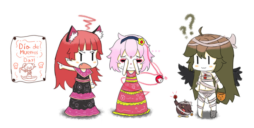 !? 3girls :3 ahoge alternate_costume anger_vein angry annoyed bandages bangs bird black_dress candy chibi closed_mouth commentary_request crow dia_de_muertos dress facepaint fang food full_body halloween halloween_bucket halloween_costume highres just_hatto kaenbyou_rin komeiji_satori lollipop long_hair looking_at_viewer multiple_girls naked_bandage navel onozuka_komachi open_mouth pink_hair poster_(object) red_dress reiuji_utsuho reiuji_utsuho_(bird) short_hair smile squiggle standing third_eye touhou white_background |_|