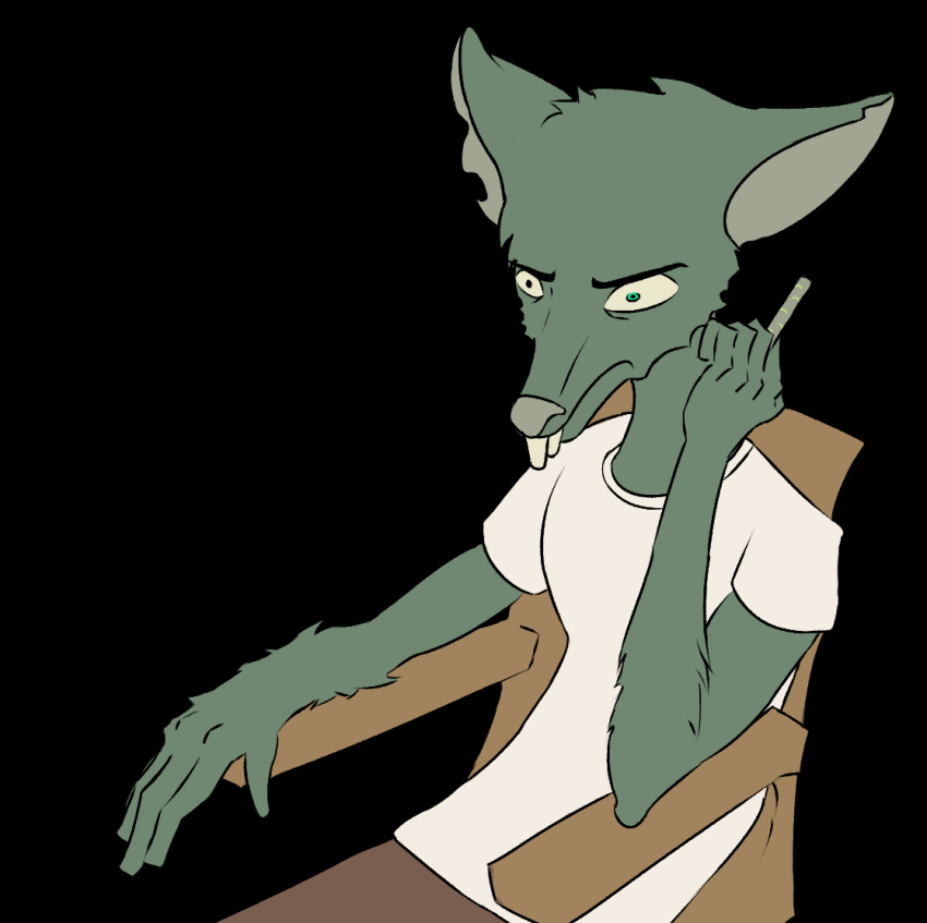 alexandliberty anthro birrata(oc) bottomwear brown_bottomwear brown_clothing brown_pants chair cigarette_holder clothing eyebrows female fur furniture green_body green_eyes green_fur large_teeth long_ears mammal murid murine pants rat rodent shirt sitting solo solo_focus topwear white_clothing white_shirt white_topwear