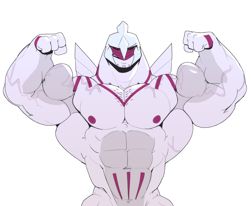 abs absurd_res anthro biceps body_hair chest_hair claws dragon dumbandgreen flexing hi_res legendary_pokemon looking_at_viewer male muscular muscular_anthro muscular_male nintendo nipples open_mouth pecs pokemon pokemon_(species) red_eyes scalie shaved smile smirk solo teeth vein veiny_muscles video_games white_body