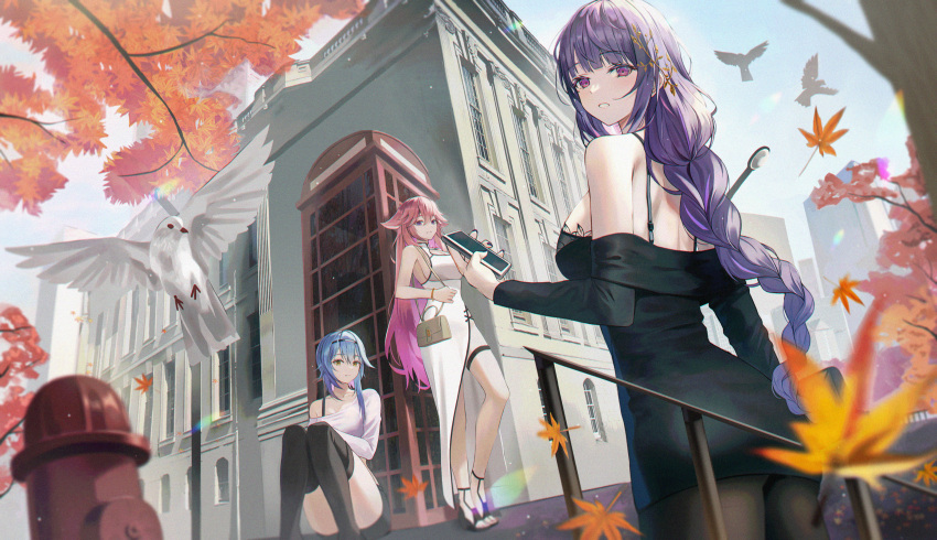 3girls absurdres animal_ears autumn_leaves bag bangs bird black_bra black_footwear black_hairband black_pantyhose black_shorts black_thighhighs blue_hair bra bra_strap braid braided_ponytail branch breasts building cellphone cleavage closed_mouth commentary_request day dress eula_(genshin_impact) falling_leaves fire_hydrant floppy_ears fox_ears genshin_impact hair_between_eyes hair_branch hairband handbag high_heels highres holding holding_phone hyonee knees_up lamppost large_breasts leaf long_hair long_sleeves looking_at_viewer mole mole_under_eye multiple_girls nail_polish off-shoulder_dress off-shoulder_shirt off_shoulder outdoors pantyhose parted_lips phone pink_hair pink_nails pink_shirt purple_eyes purple_hair purple_nails raiden_shogun railing red_telephone_box_(british) road shirt short_shorts shorts side_slit sitting sky sleeveless sleeveless_dress smartphone smile street thigh_strap thighhighs toeless_footwear toenail_polish toenails tree underwear white_bird white_dress yae_miko yellow_eyes