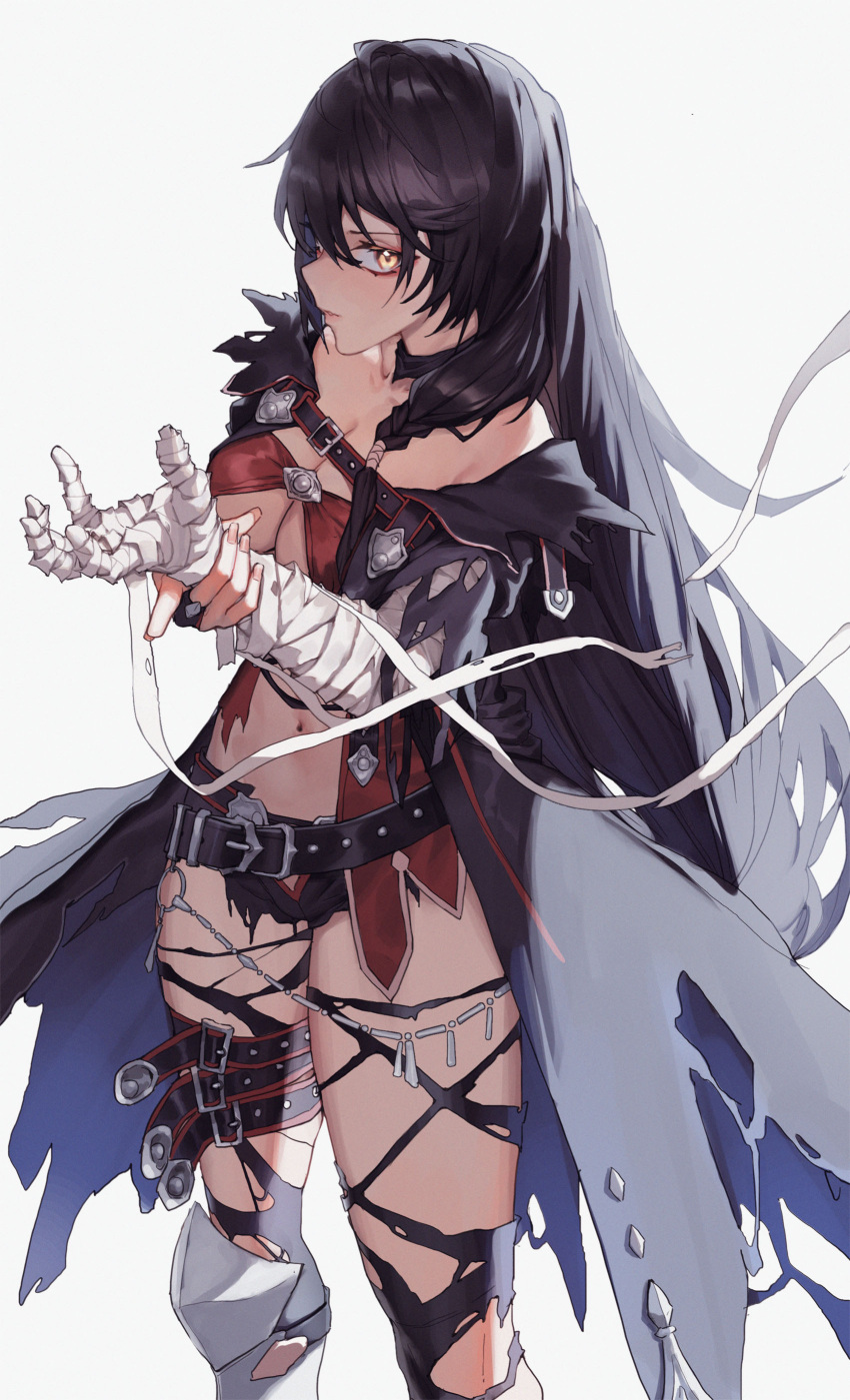 1girl absurdres bandaged_arm bandages bangs belt black_cape black_hair breasts cape cleavage hair_between_eyes highres holding_own_wrist long_hair looking_at_viewer medium_breasts midriff navel parted_lips simple_background solo standing tales_of_(series) tales_of_berseria thigh_belt thigh_strap torn_thighhighs tunamayo_(dsasd751) velvet_crowe very_long_hair white_background yellow_eyes