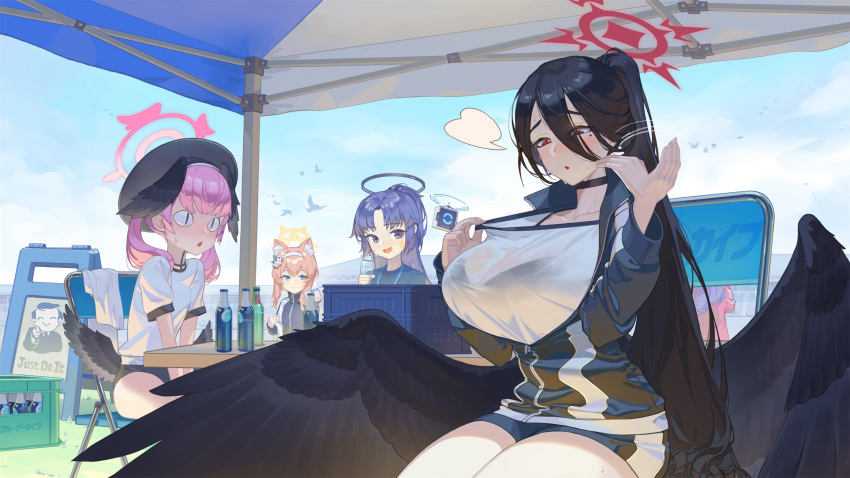 &lt;|&gt;_&lt;|&gt; 4girls ahoge angel angel_wings animal_ear_fluff animal_ears black_hair black_wings blue_archive blue_eyes blue_sky blush bra_visible_through_clothes breasts choker fanning_face fanning_self feathered_wings flower hair_flower hair_ornament hairband halo hasumi_(blue_archive) hasumi_(gym_uniform)_(blue_archive) hat head_wings highres hot huge_breasts just_do_it_(meme) koharu_(blue_archive) long_hair low_wings mari_(blue_archive) mari_(gym_uniform)_(blue_archive) meme multiple_girls official_alternate_costume orange_hair ouer_moyu pink_hair see-through sensei_(blue_archive) shirt shorts sky sweat sweatdrop sweaty_clothes tail winged_arms winged_hat wings yuuka_(blue_archive) yuuka_(gym_uniform)_(blue_archive)