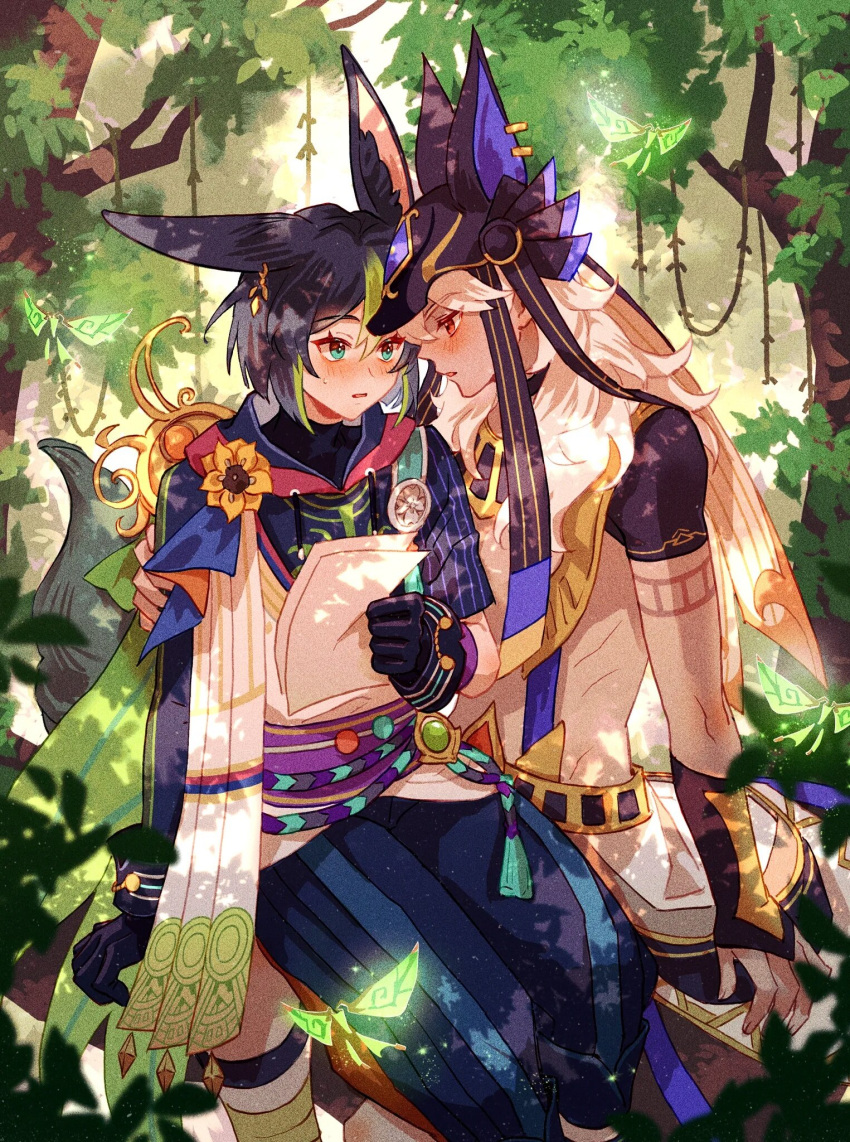 2boys animal_ears arm_armor arm_up bangs black_gloves black_hair black_headwear black_shirt blue_eyes blue_pants blue_shirt blush branch cyno_(genshin_impact) earrings fingernails flower fox_boy fox_ears fox_tail gem genshin_impact gloves gold_earrings green_gemstone green_hair grey_flower grey_hair grey_socks hair_between_eyes hand_up highres holding holding_paper jewelry ji_zein leaf long_sleeves looking_at_another multicolored_hair multiple_boys nature open_mouth outdoors pants paper pom_pom_(clothes) purple_belt red_eyes scenery shirt short_hair short_sleeves single_earring sitting sitting_on_person socks striped striped_shirt sweat sweatdrop t-shirt tail tape tighnari_(genshin_impact) tree two-tone_hair vest vision_(genshin_impact) white_vest yaoi yellow_flower