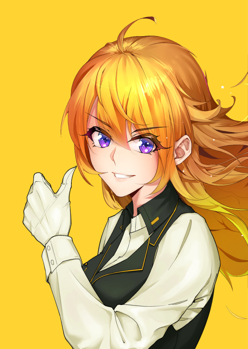 1girl ahoge bangs black_vest blonde_hair dress_shirt floating_hair gloves grin hair_between_eyes highres hsbhs long_hair long_sleeves looking_at_viewer purple_eyes rwby shiny shiny_hair shirt simple_background smile solo straight_hair upper_body vest white_gloves white_shirt yang_xiao_long yellow_background