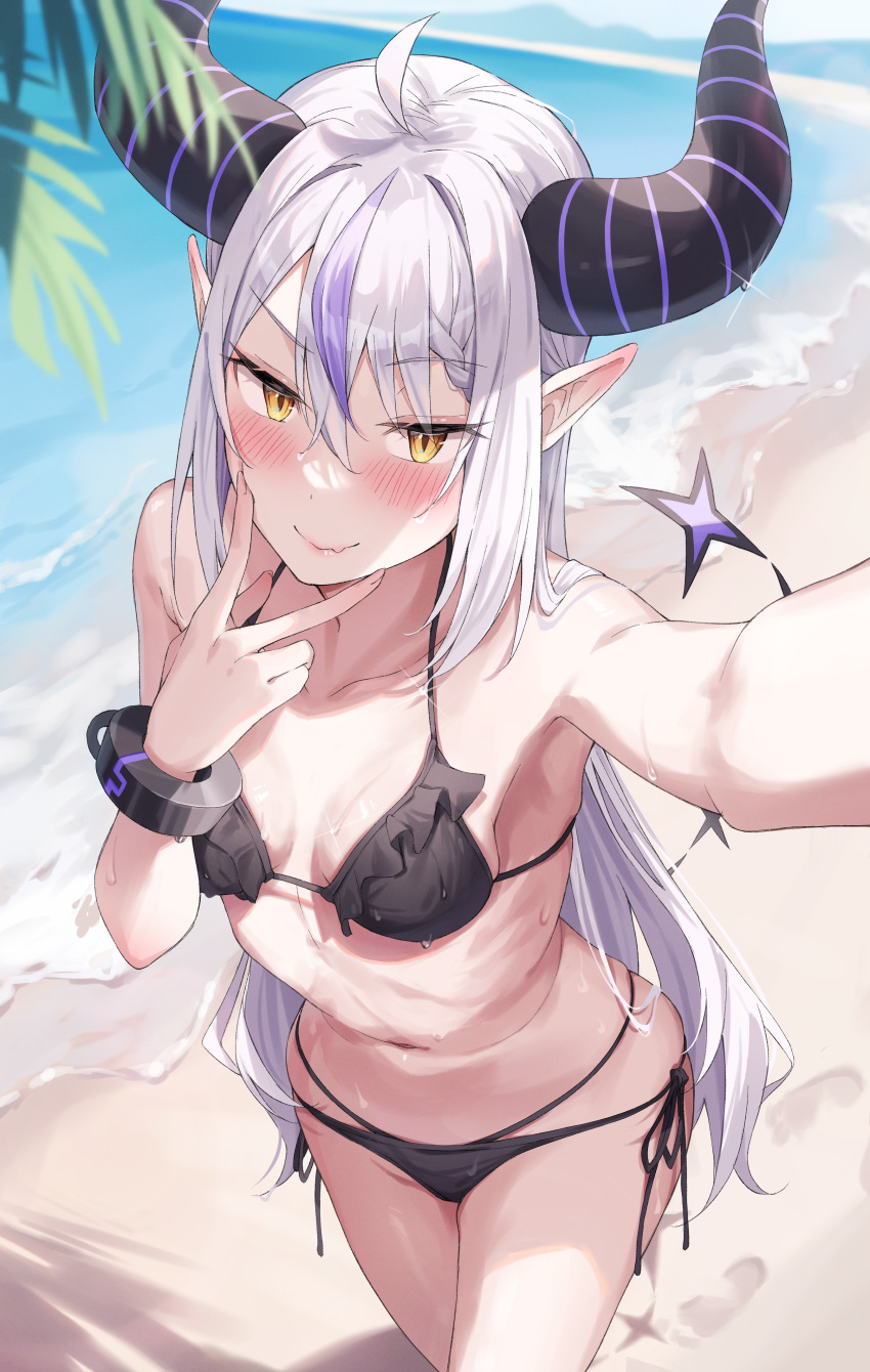 1girl absurdres aged_up ahoge beach bikini black_bikini blush bracelet breasts day fang fang_out frilled_bikini frills green_tea_(greente42869067) grey_hair highres hololive horns jewelry la+_darknesss long_hair looking_at_viewer navel outdoors palm_tree pointy_ears purple_hair small_breasts smile solo swimsuit tail tree virtual_youtuber yellow_eyes