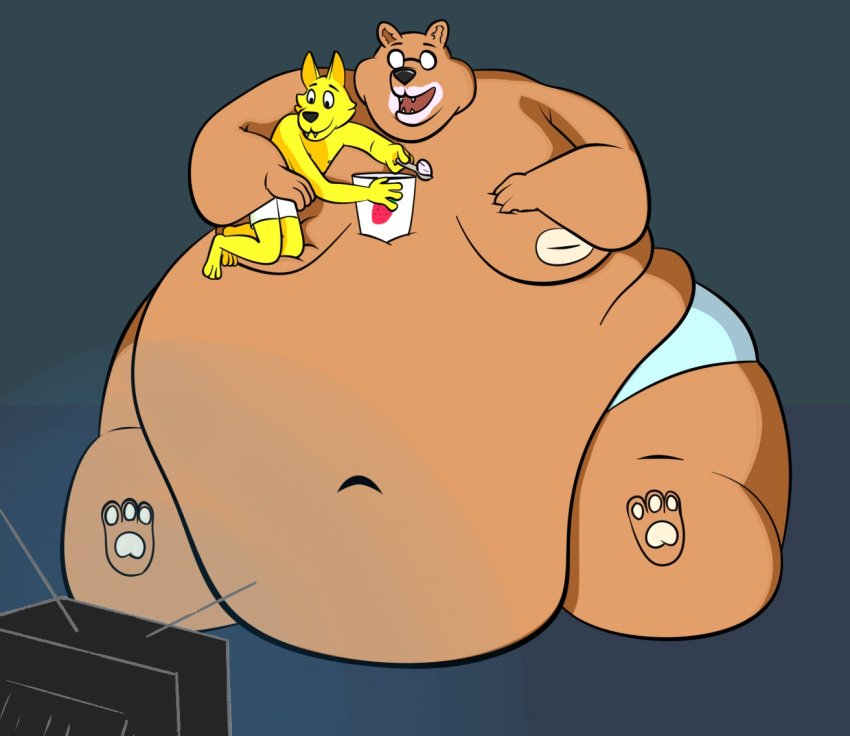 angus_delaney anthro belly belly_rolls big_belly big_butt butt canid canine clothing dessert duo fat_rolls feeding food fox gregg_lee ice_cream male male/male mammal moobs night_in_the_woods overweight overweight_male paws romantic romantic_couple thick_thighs tight_clothing underwear unknown_artist ursid video_games weight_gain wide_hips