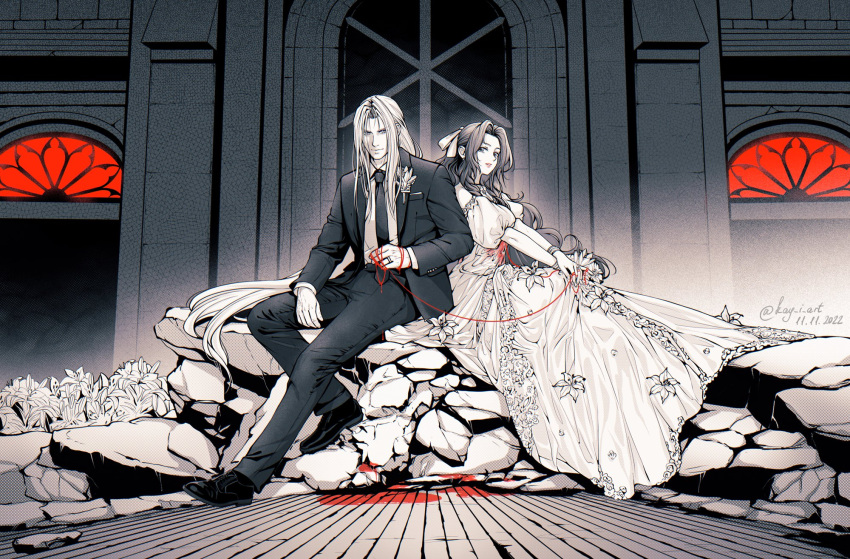 1boy 1girl aerith_gainsborough alternate_costume bangs bare_shoulders blood blood_on_clothes blood_on_ground church collared_shirt corsage couple dated detached_sleeves dress dress_shirt dress_shoes elena_ivlyushkina final_fantasy final_fantasy_vii final_fantasy_vii_remake flower formal full_body hair_ribbon hetero highres husband_and_wife indoors lily_(flower) long_bangs long_dress long_hair looking_at_viewer monochrome necktie own_hands_together parted_bangs parted_lips ponytail puffy_sleeves ribbon rubble sephiroth shirt sidelocks sitting spot_color stained_glass straight_hair string string_of_fate suit suit_jacket twitter_username v_arms wavy_hair wedding_dress white_dress white_shirt window wooden_floor