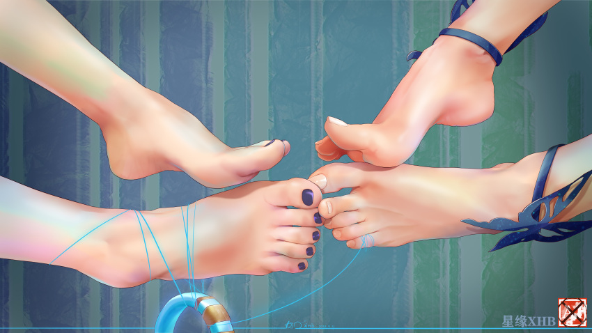 2girls absurdres anklet bare_shoulders barefoot chinese_commentary close-up feet feet_only foot_focus genshin_impact greek_toe highres jewelry multiple_girls nail_polish ningguang_(genshin_impact) ningguang_(orchid's_evening_gown)_(genshin_impact) out_of_frame paid_reward_available purple_nails string toenail_polish toenails toes xhb yelan_(genshin_impact)