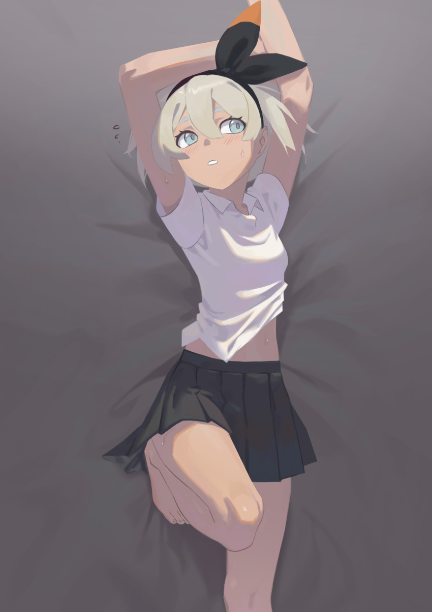 1girl absurdres aqua_eyes arms_up bangs barefoot bea_(pokemon) bed_sheet black_hairband black_skirt blonde_hair blush bow_hairband collared_shirt commentary_request flying_sweatdrops hair_between_eyes hairband highres knees kucheat_zg lying on_back parted_lips pleated_skirt pokemon pokemon_(game) pokemon_swsh school_uniform shirt short_hair short_sleeves skirt solo sweat toes white_shirt