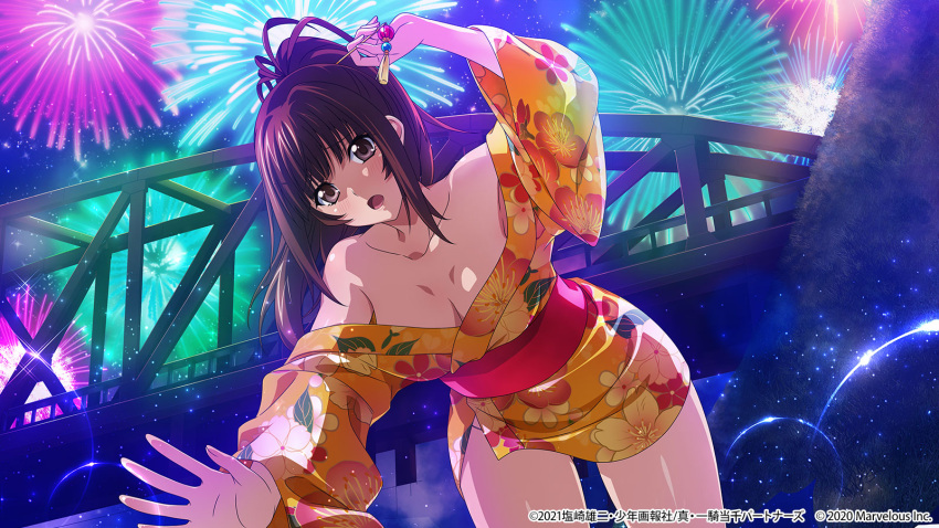 1girl all_fours bangs blunt_bangs breasts brown_eyes brown_hair cleavage collarbone fireworks floating_hair floral_print from_below hair_ornament hairpin highres ikkitousen japanese_clothes kimono long_hair medium_breasts naked_kimono night official_art open_mouth ponytail print_kimono riverbank shiny shiny_hair shiny_skin short_kimono solo yagyu_mitsuyoshi yellow_kimono