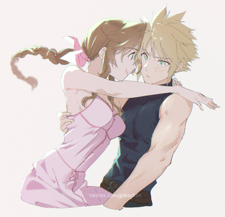 1boy 1girl aerith_gainsborough aqua_eyes arm_around_back arms_around_neck bangs bare_arms blonde_hair blue_shirt braid braided_ponytail breasts brown_hair cloud_strife couple cowboy_shot dress final_fantasy final_fantasy_vii final_fantasy_vii_remake goku-chan green_eyes grey_background hair_ribbon hand_on_another's_back hetero highres light_blush long_hair looking_at_another medium_breasts parted_lips pink_dress pink_ribbon ribbon shirt short_hair sideboob sidelocks sleeveless sleeveless_dress sleeveless_turtleneck smile spiked_hair sundress toned toned_male turtleneck twitter_username