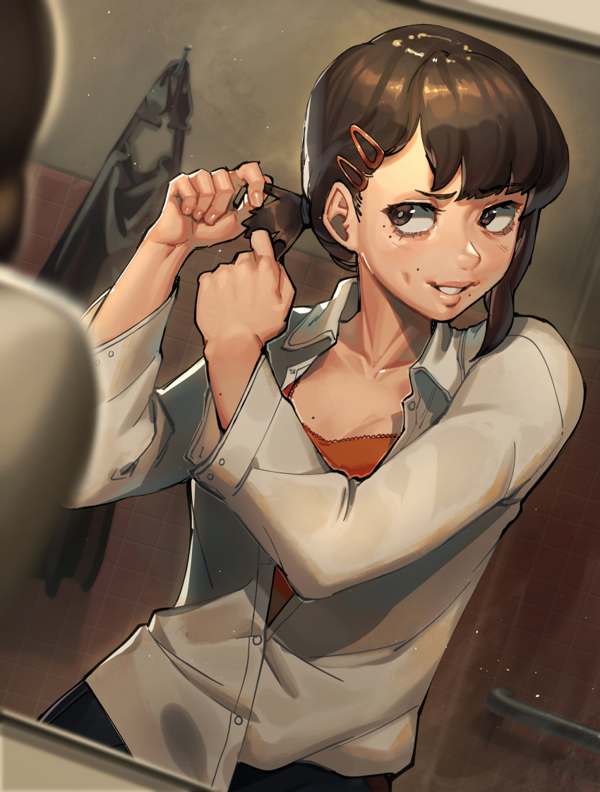 1girl absurdres adjusting_hair bangs barley_juice blush bra brown_hair chainsaw_man collarbone grin hair_ornament hairclip higashiyama_kobeni highres indoors mirror mole mole_on_cheek mole_under_mouth orange_bra parted_lips partially_unbuttoned shirt smile solo teeth tile_wall tiles tying_hair underwear white_shirt