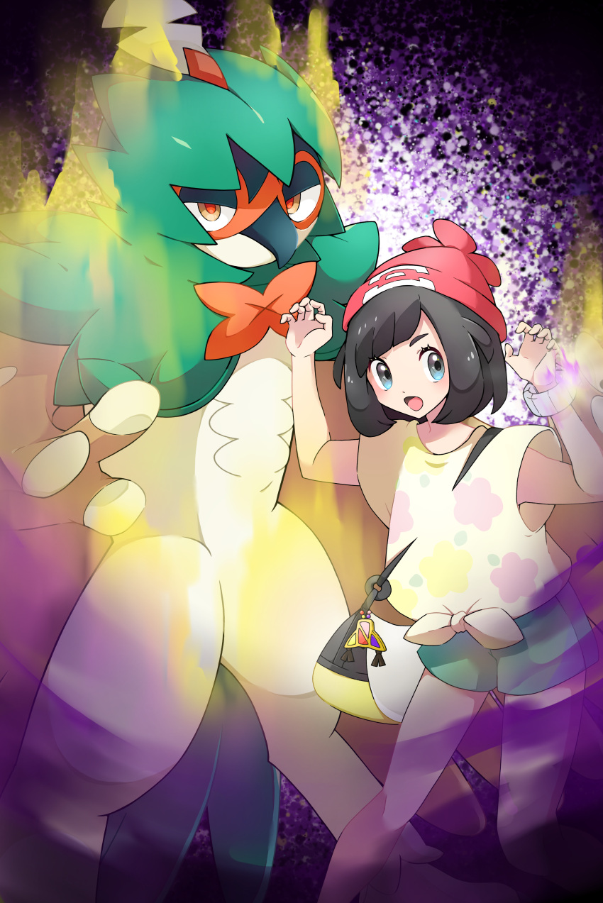 1girl absurdres bangs beanie black_hair blue_eyes bracelet claw_pose commentary_request decidueye eyelashes floral_print glowing green_shorts hands_up hat highres jewelry kiichi0_0 open_mouth pokemon pokemon_(creature) pokemon_(game) pokemon_sm red_headwear selene_(pokemon) shirt short_shorts short_sleeves shorts t-shirt tied_shirt tongue z-ring