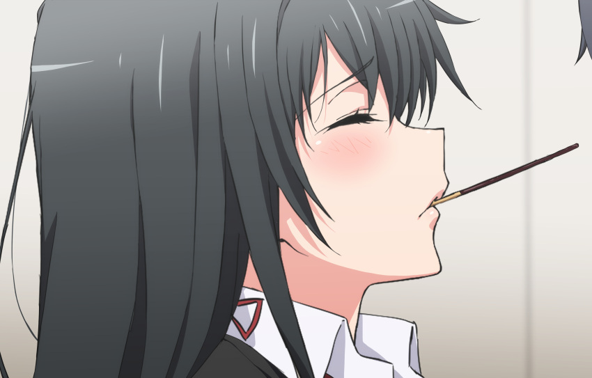 1girl absurdres bangs black_hair blue_eyes blush closed_eyes collared_shirt commentary_request food food_in_mouth from_side hair_ribbon highres long_hair mouth_hold pocky pocky_day red_ribbon ribbon school_uniform shirt shou937 sidelocks sobu_high_school_uniform solo_focus white_shirt yahari_ore_no_seishun_lovecome_wa_machigatteiru. yukinoshita_yukino