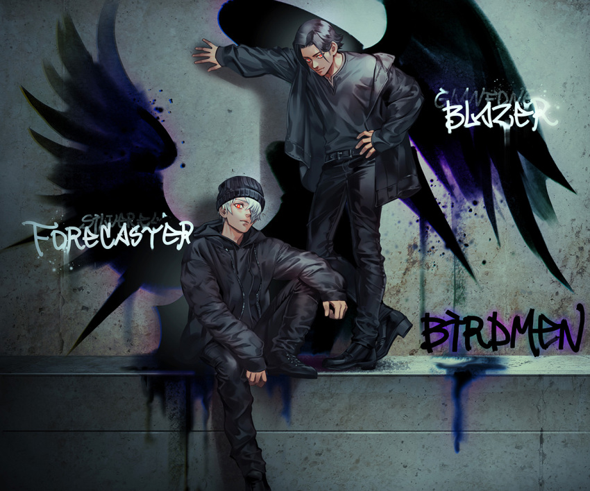 2boys akakokko_(niro_azarashi) belt birdmen black_footwear black_hair black_hoodie black_jacket black_pants character_name closed_mouth copyright_name english_text glowing glowing_eyes grey_hair hair_over_one_eye hood hood_down hoodie jacket long_sleeves looking_at_viewer multiple_boys open_clothes open_jacket pants red_eyes shoes short_hair silvereye_collins_(birdmen) sitting wang_guang_feng