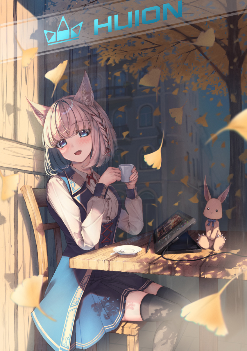 1girl :d amane_utata animal_ears artist_name bangs black_thighhighs blue_coat blue_eyes blue_skirt blunt_bangs blush braid building chair coat collared_shirt commentary_request corset cup drawing_tablet falling_leaves feet_out_of_frame hair_ribbon hands_up head_tilt highres holding holding_cup huion leaf long_sleeves looking_at_viewer looking_to_the_side making-of_available mug neck_ribbon open_mouth original outdoors pleated_skirt puffy_long_sleeves puffy_sleeves rabbit red_ribbon ribbon ribbon_braid saucer shirt short_hair sitting skirt sleeve_cuffs sleeveless_coat smile solo stylus table teaspoon thighhighs tree twitter_username white_shirt