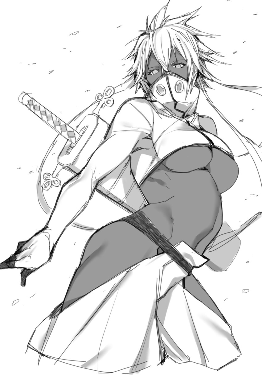 1girl bleach breasts crop_top dark-skinned_female dark_skin greyscale highres kuma_(jk0073) large_breasts long_hair looking_at_viewer looking_down midriff monochrome navel no_panties simple_background sketch solo sword tier_harribel underboob weapon