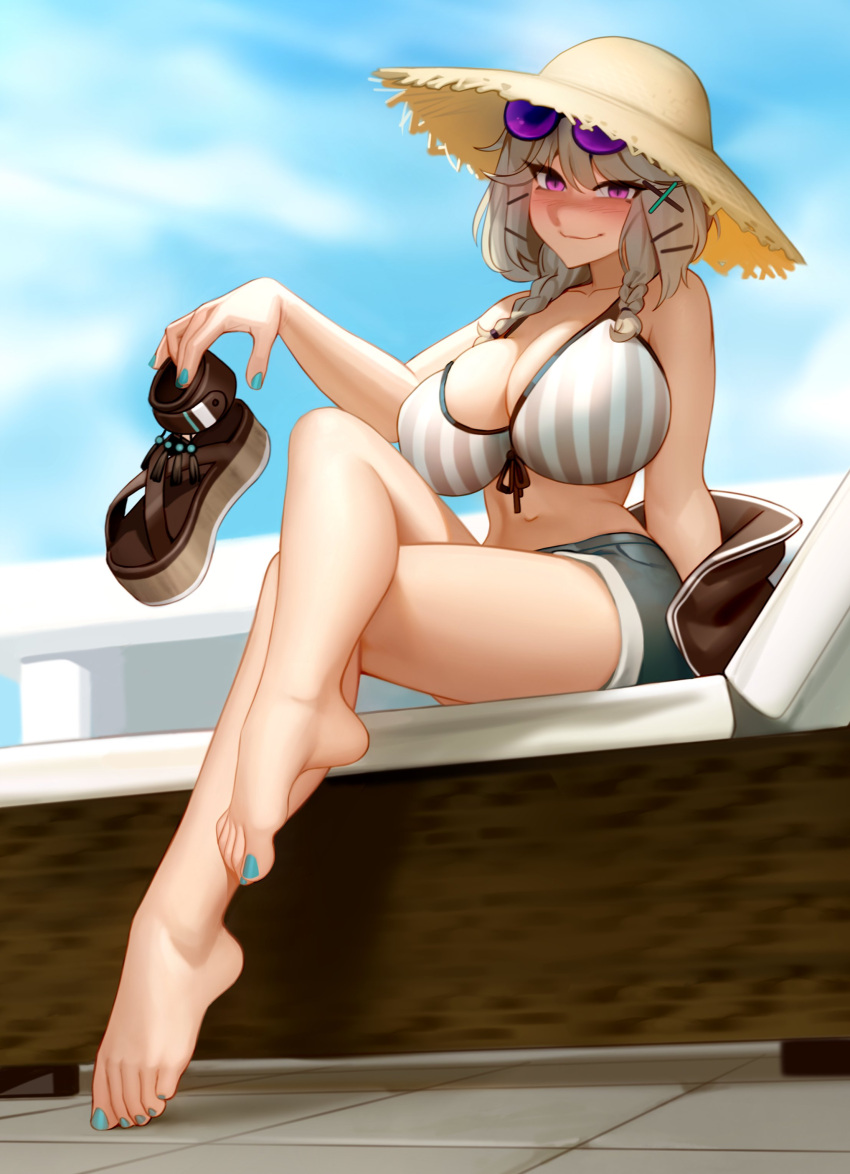 1girl absurdres aqua_nails arknights bare_arms bare_legs bare_shoulders barefoot blue_sky braid breasts commentary crossed_legs day eyewear_on_head feet full_body grey_hair hair_ornament hairclip hat highres holding holding_clothes holding_footwear huge_breasts kairunoburogu long_hair looking_at_viewer nail_polish navel official_alternate_costume outdoors purple-tinted_eyewear purple_eyes sandals short_shorts shorts sitting sky smile solo straw_hat sunglasses tinted_eyewear toes twin_braids utage_(arknights) utage_(summer_flowers)_(arknights) x_hair_ornament