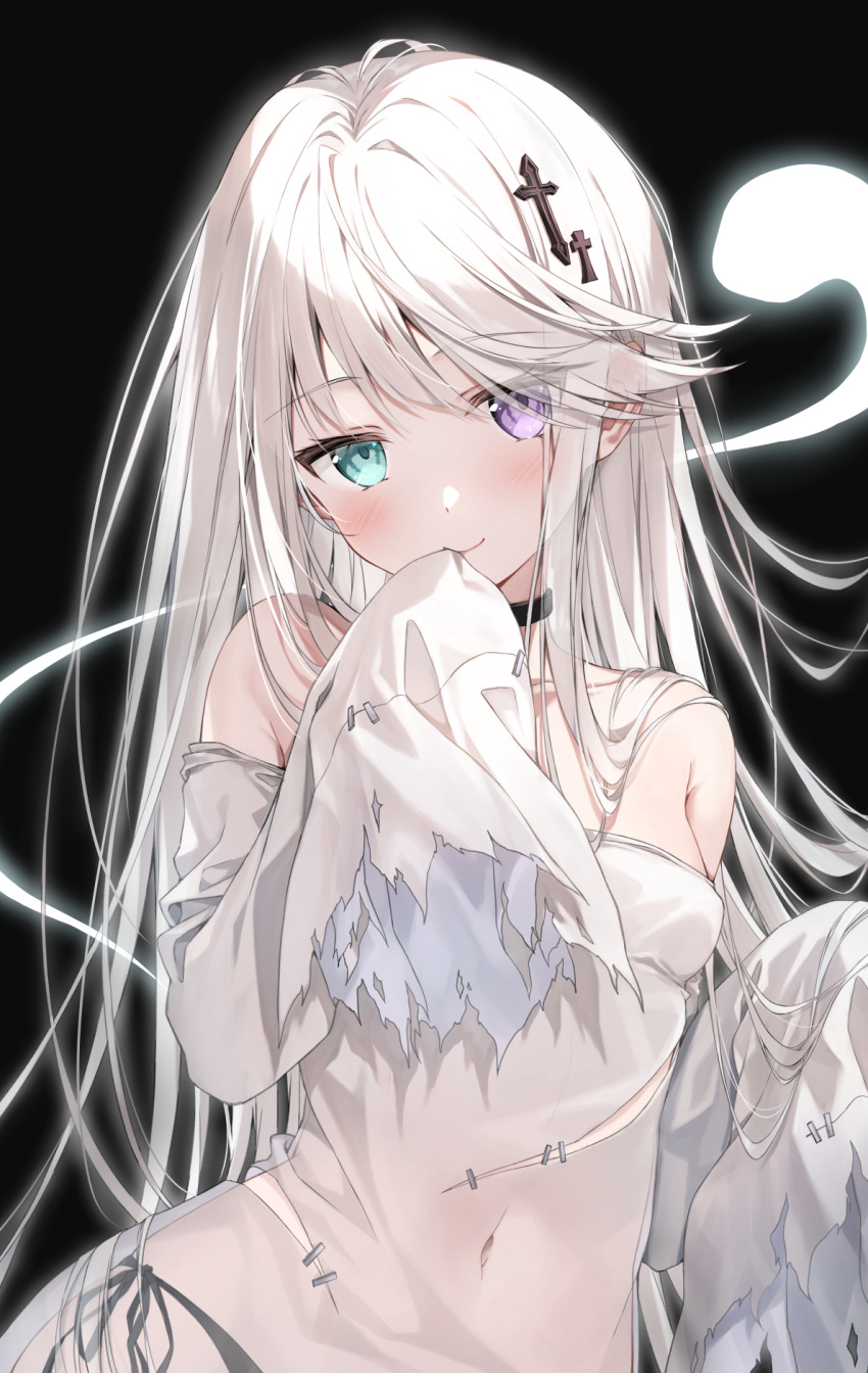 1girl bangs bare_shoulders black_panties blush breasts collar covered_navel dress ghost_girl green_eyes hair_ornament hand_on_own_face heterochromia highres kakao_rantan long_hair long_sleeves looking_at_viewer original panties purple_eyes see-through simple_background sleeves_past_wrists small_breasts smile solo torn_clothes underwear white_dress white_hair