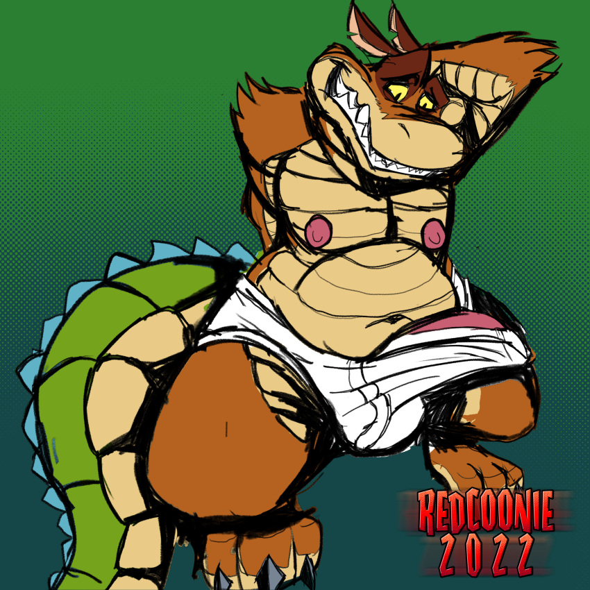 1:1 absurd_res activision anthro big_penis clothing crash_bandicoot_(series) dingodile erection genitals hi_res male nipples penis redcoonie scalie sharp_teeth solo teeth thick_thighs underwear video_games