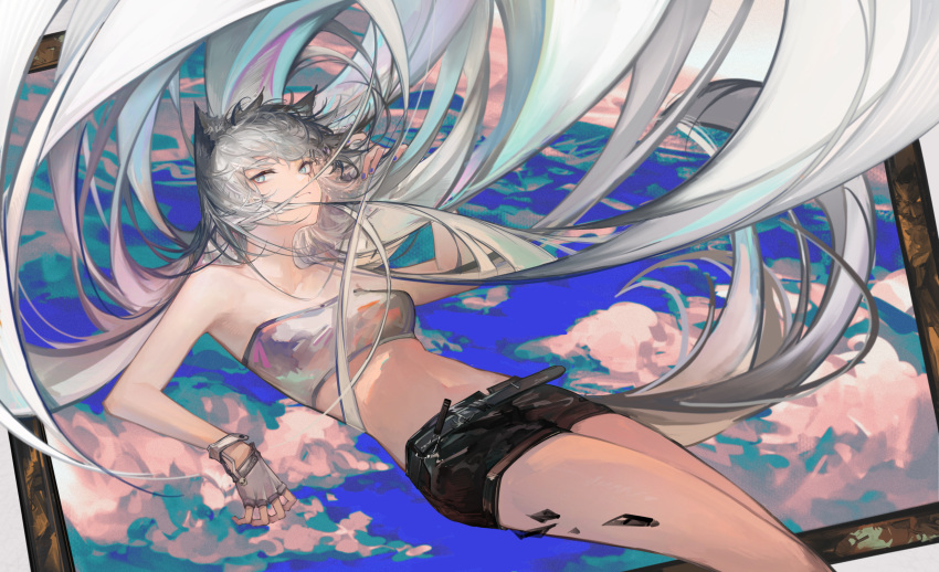 1girl absurdres animal_ear_fluff animal_ears arknights armpits bare_arms bare_shoulders black_shorts blue_eyes blue_nails breasts closed_mouth feet_out_of_frame gloves grey_hair highres lappland_(arknights) long_hair looking_at_viewer lying medium_breasts naijiaer nail_polish navel on_back oripathy_lesion_(arknights) outside_border picture_frame scar scar_across_eye scar_on_face short_shorts shorts single_glove smile solo stomach strapless tube_top very_long_hair white_gloves wolf_ears