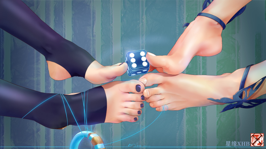 2girls absurdres anklet barefoot chinese_commentary close-up dice feet feet_only foot_focus genshin_impact greek_toe highres jewelry multiple_girls nail_polish ningguang_(genshin_impact) ningguang_(orchid's_evening_gown)_(genshin_impact) out_of_frame paid_reward_available purple_nails purple_socks socks stirrup_legwear string toeless_legwear toenail_polish toenails toes xhb yelan_(genshin_impact)