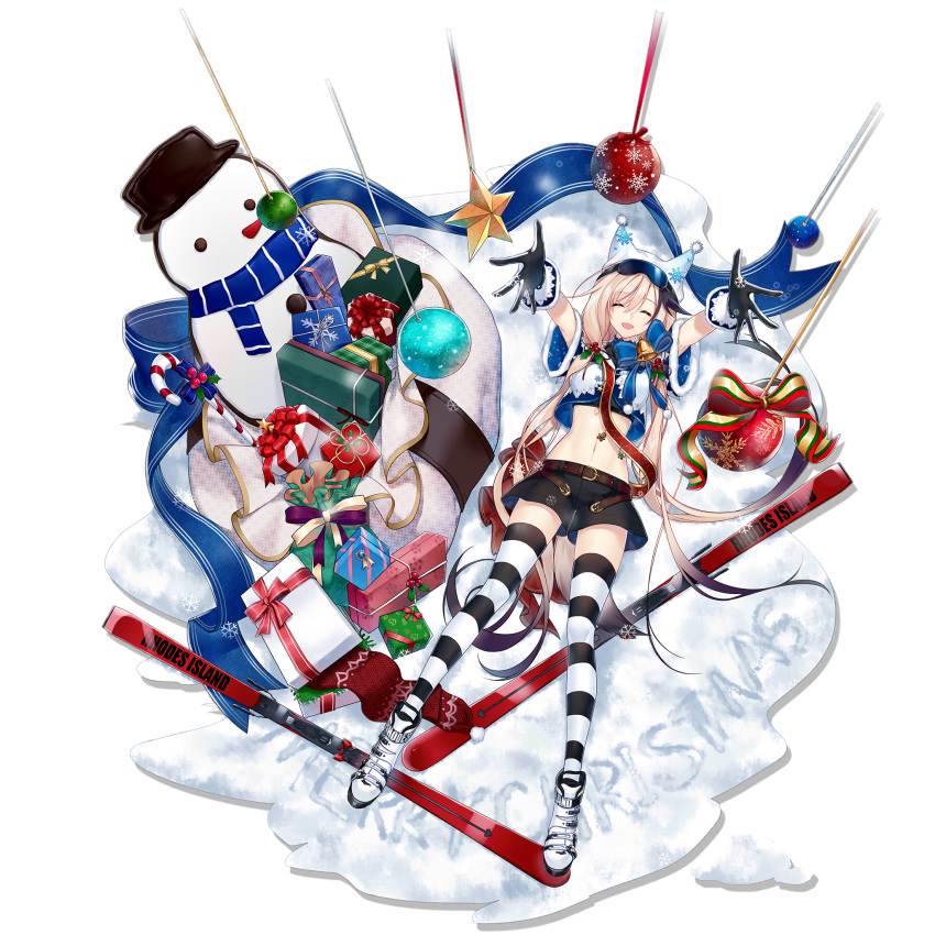 1girl :d animal_hat arknights artist_request bauble bell black_gloves black_shorts black_thighhighs blue_bow blue_jacket boots bow brown_hair candy candy_cane cardigan_(arknights) cardigan_(cheerful_guardian)_(arknights) christmas christmas_ornaments christmas_present closed_eyes cropped_jacket dog_girl dog_tail facing_viewer food gift gloves hat highres jacket merry_christmas multicolored_clothes multicolored_hair multicolored_jacket navel official_alternate_costume official_art open_mouth outdoors shorts ski_boots skis smile snow snow_writing snowman solo streaked_hair striped striped_thighhighs tail thighhighs transparent_background two-tone_jacket white_background white_footwear