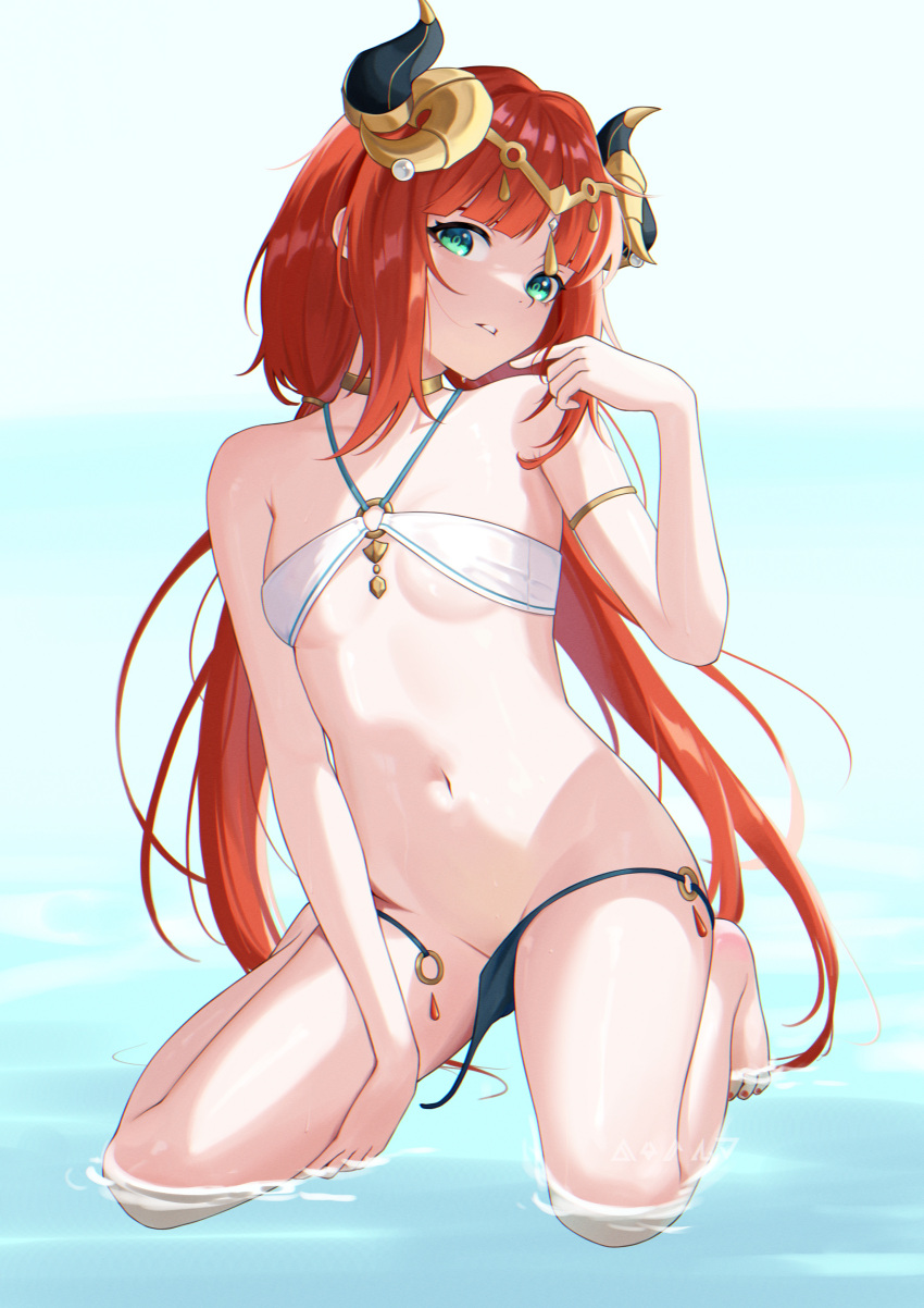 1girl absurdres aqua_eyes armlet bangs bare_legs bare_shoulders barefoot bikini breasts circlet darkhawkayin full_body genshin_impact gold_choker gradient gradient_background groin hand_in_own_hair hand_on_own_thigh hand_up head_tilt highres horns kneeling long_hair looking_at_viewer low_twintails nail_polish navel nilou_(genshin_impact) no_headwear o-ring panties parted_bangs parted_lips red_hair revealing_clothes side-tie_panties sidelocks small_breasts stomach string_panties swimsuit thighs toenail_polish toenails twintails underwear untied untied_bikini untied_panties very_long_hair water wet