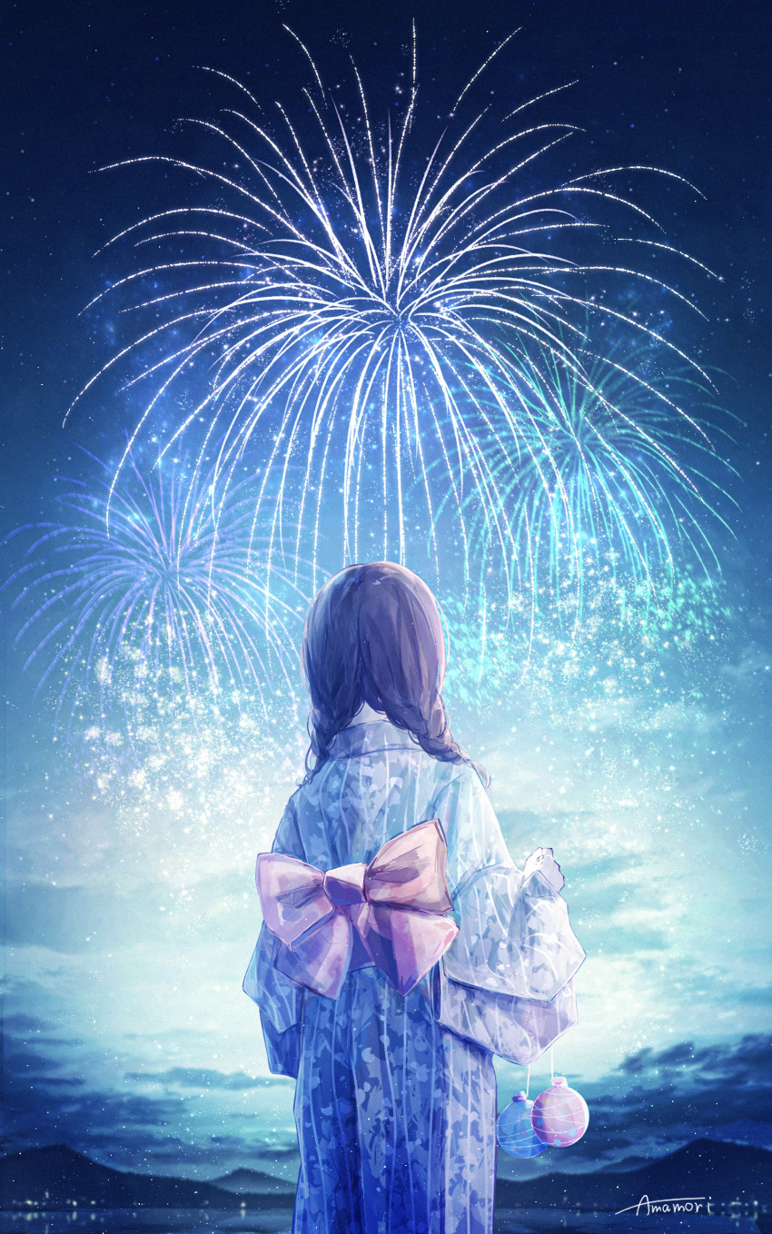 1girl absurdres amenomori_howa back_bow blue_kimono blue_sky bow braid brown_hair cloud cloudy_sky fireworks from_behind highres holding japanese_clothes kimono light_particles looking_up mountainous_horizon night original pink_bow print_kimono scenery sky solo twin_braids